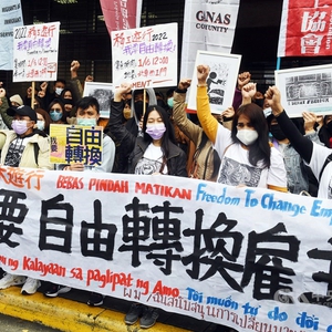 Migrant rights groups and workers in Taiwan rally at ministry to be allowed to change employers