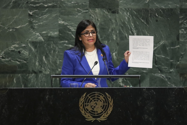 Vice President of Venezuela Delcy Rodriguez addresses the United Nations General Assembly at UN headquarters on September 27, 2019. (Photo by Drew Angerer/Getty Images).